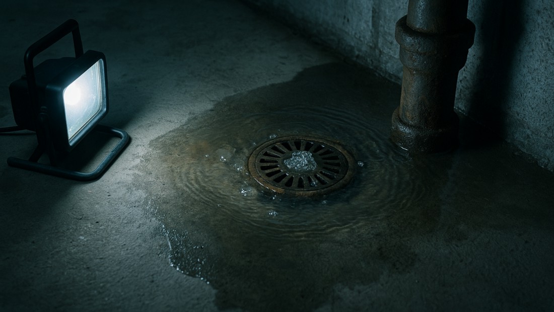 Water backing up through a basement floor drain in an Albany home