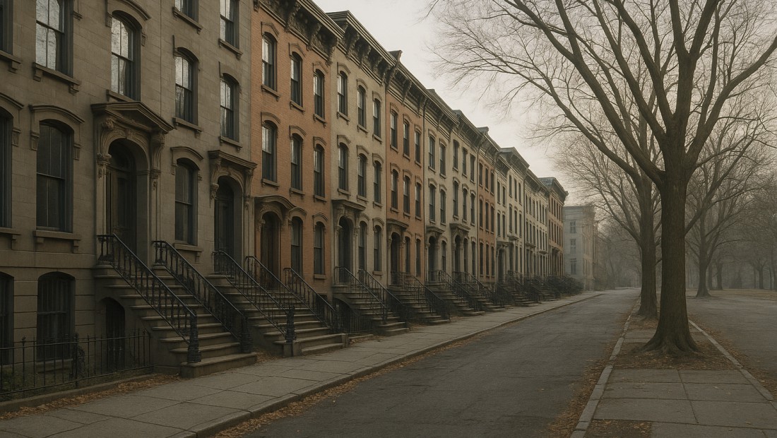 Historic brownstone row houses along a Center Square street in Albany