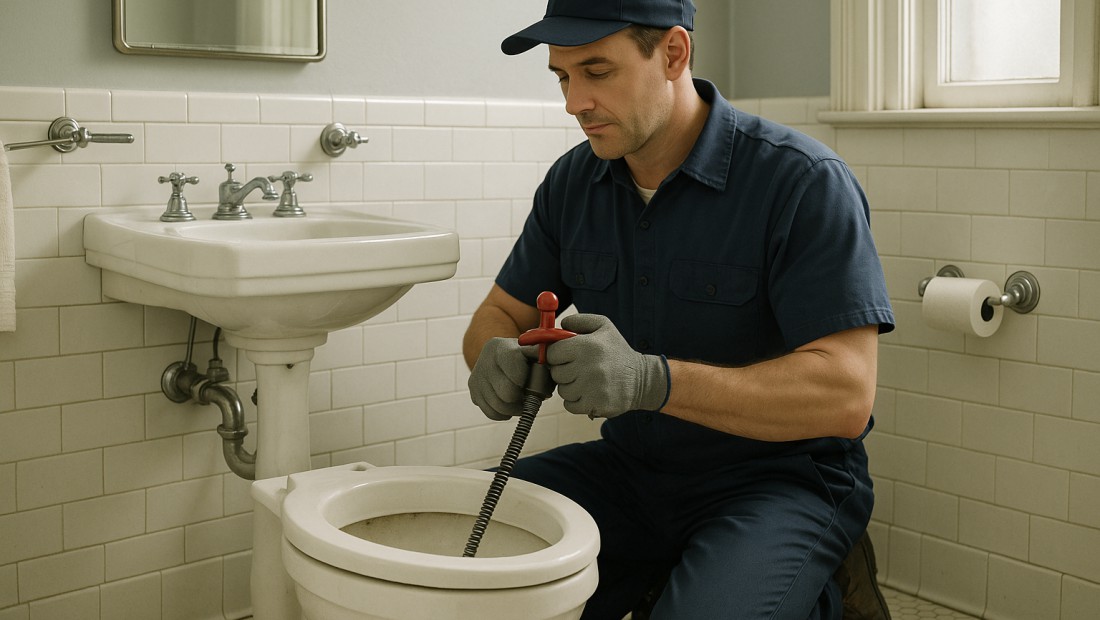 Clogged toilet being serviced in an Albany bathroom