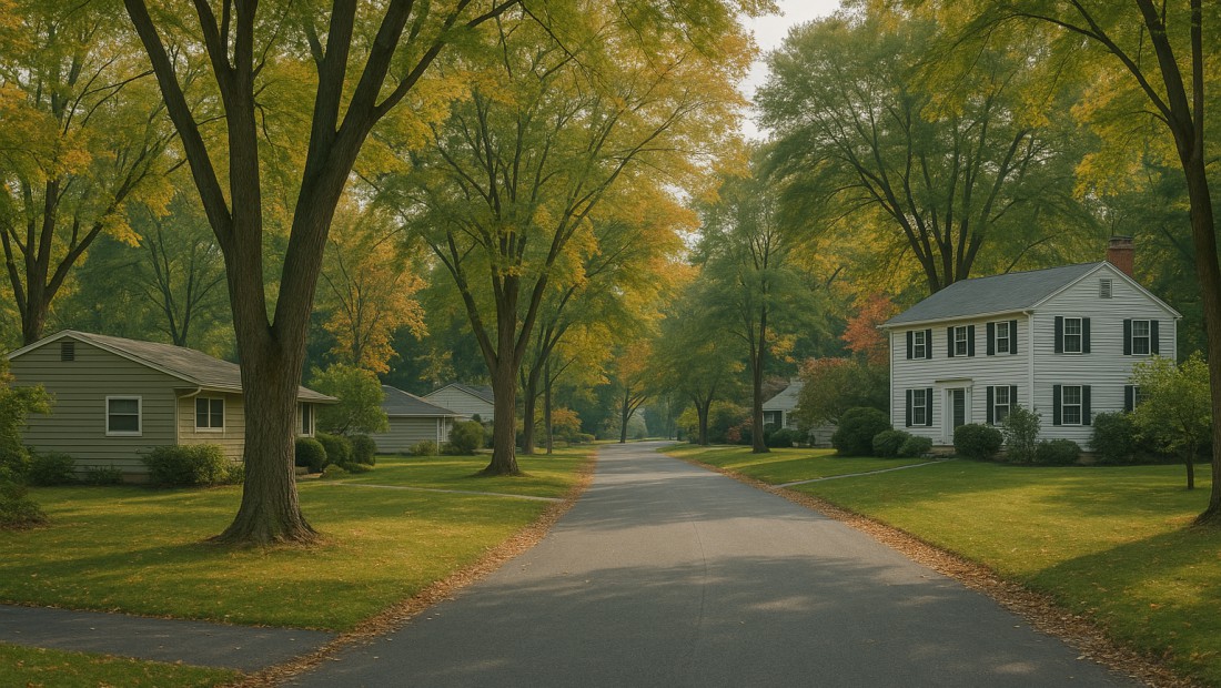 Quiet residential street with mid-century homes and mature trees in Delmar, NY