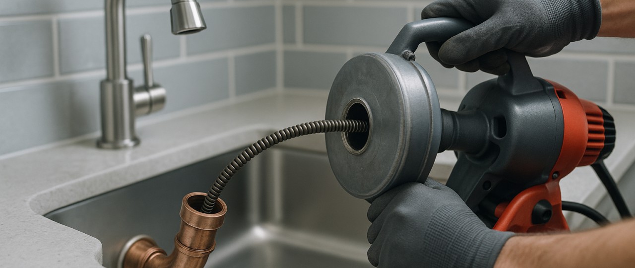 A plumber clearing a kitchen sink drain with a hand auger in an older Albany home