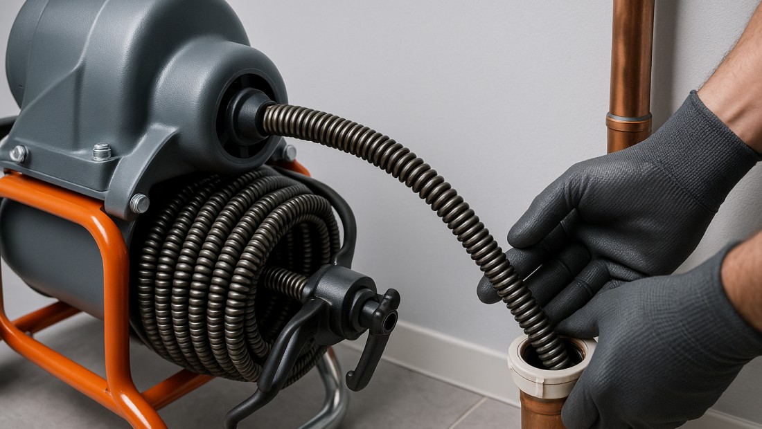 Power drain rodding machine clearing a line in an Albany home