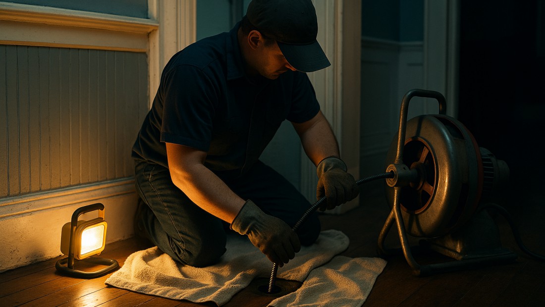 Plumber clearing a backed-up drain in an Albany basement at night