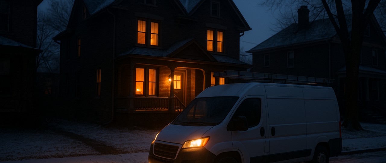 A plumber's service van parked on a snowy Albany street at night with hazard lights on