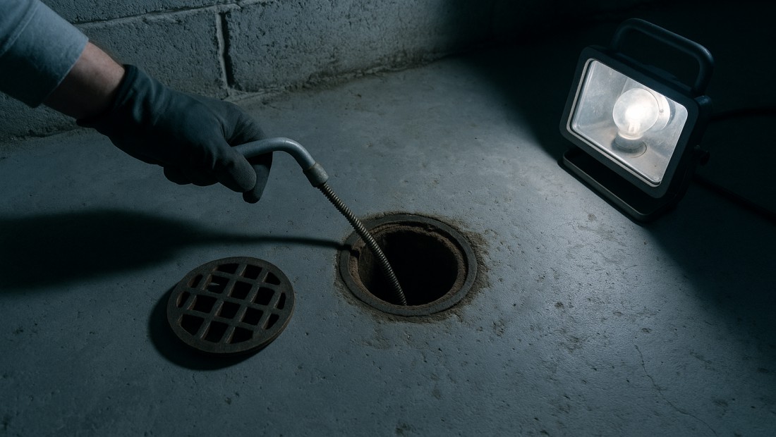 Basement floor drain being cleaned in an Albany home