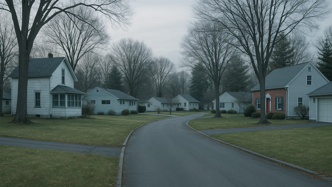 Residential street with a mix of older and mid-century homes in Guilderland, NY