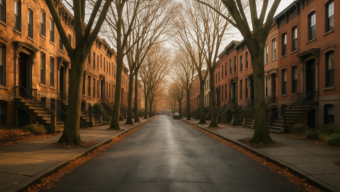A tree-lined street of historic brick row houses in Albany, New York under bare winter trees