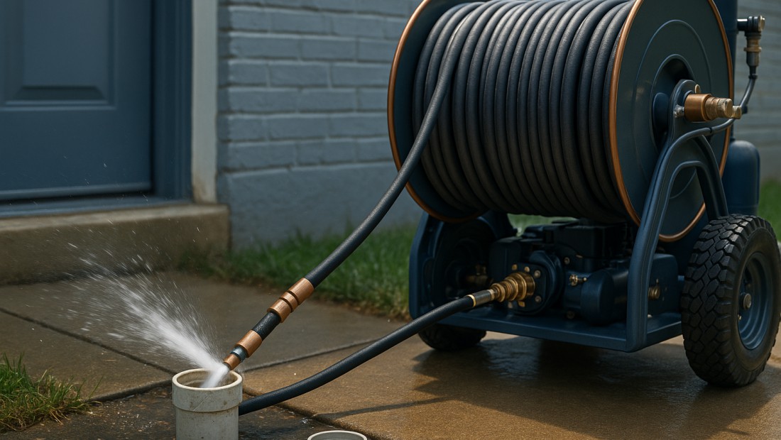 Hydro jetting nozzle cleaning a sewer line at an Albany property