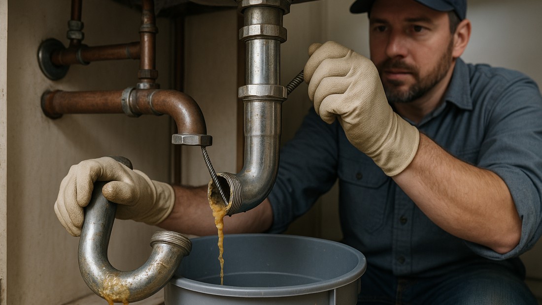 Plumber clearing a kitchen sink drain in an Albany home