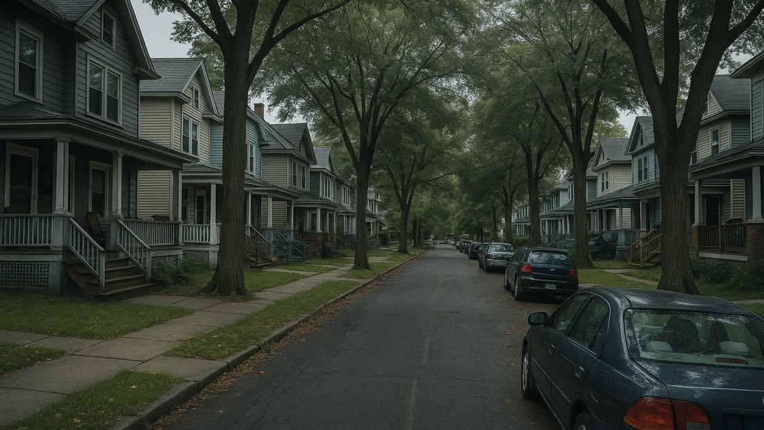 Tree-lined residential street of early-1900s homes in Pine Hills, Albany