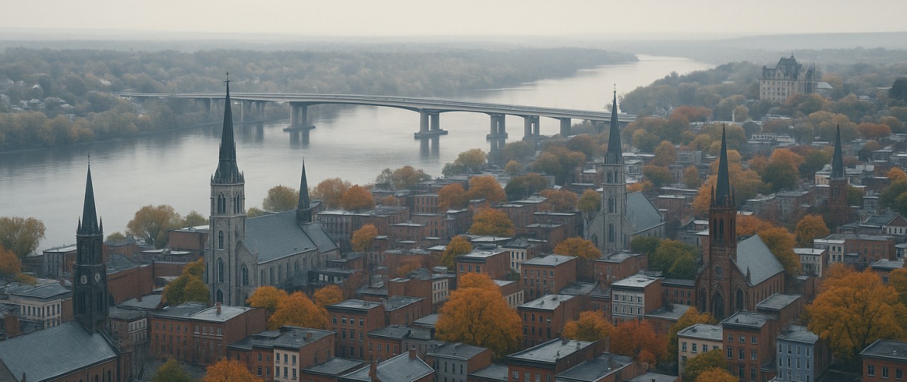 A view across the Hudson River toward the Albany skyline with historic rooftops