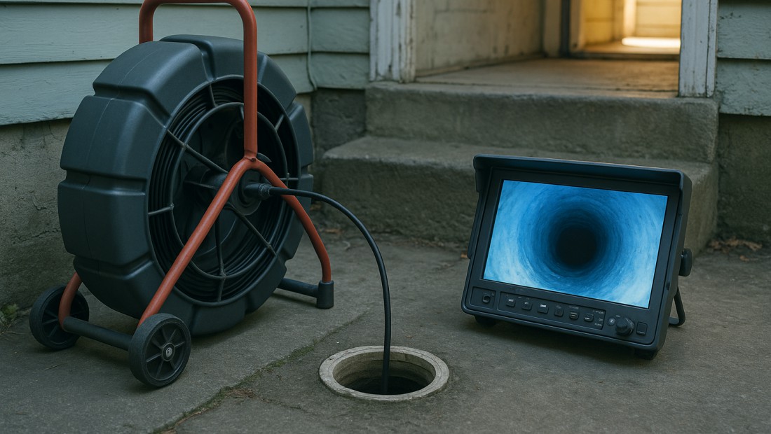 Sewer camera monitor showing the inside of a pipe at an Albany home
