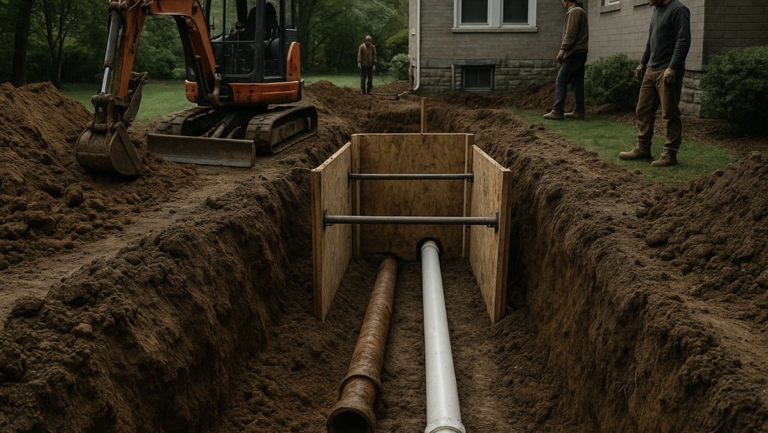 Sewer line replacement work underway at an Albany property