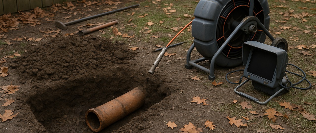 An open trench exposing an old sewer lateral pipe in a Capital Region yard