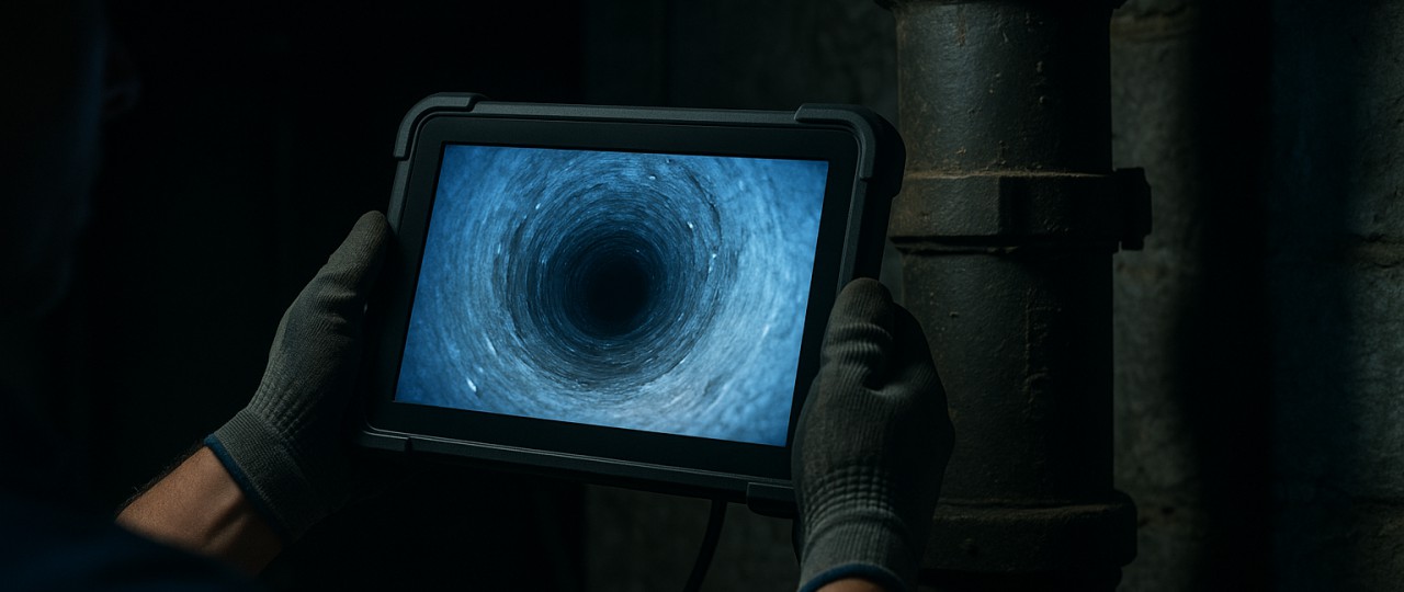 A homeowner looking at a slowly draining bathroom sink in an older home