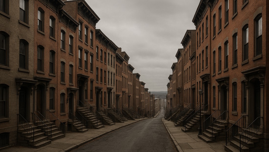 Historic brick row houses on a hilly street in downtown Troy, NY